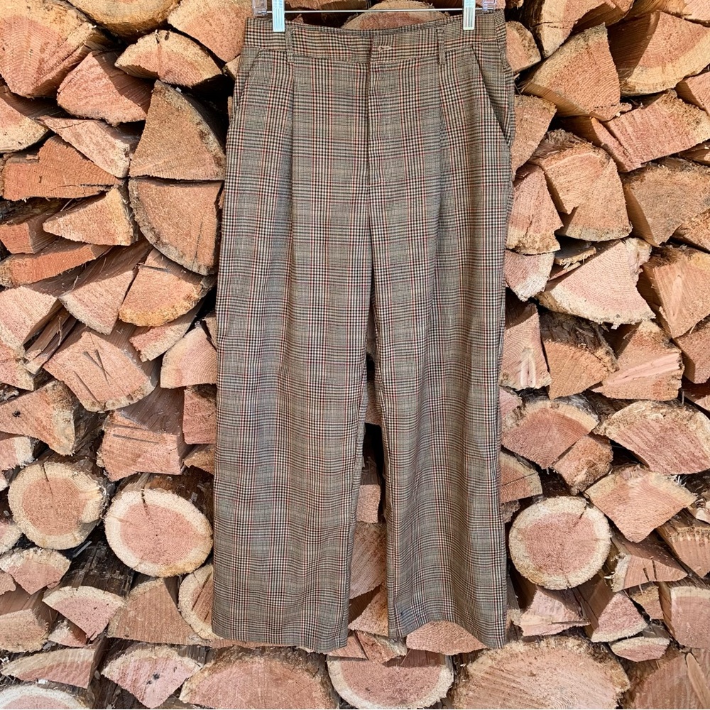 Brown Plaid Wide Leg Pants Trousers Women Large